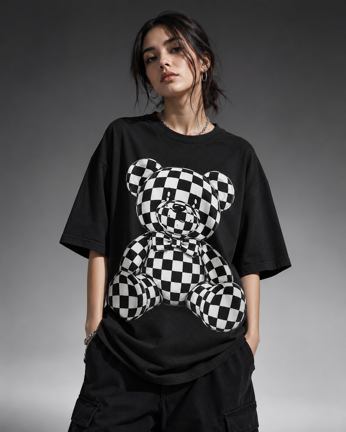 Unisex & Oversized Graphic Tee- B&W Teddy