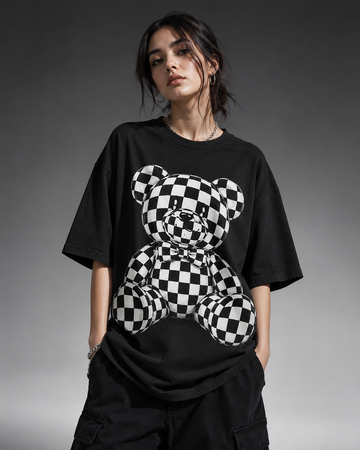 Unisex & Oversized Graphic Tee- B&W Teddy